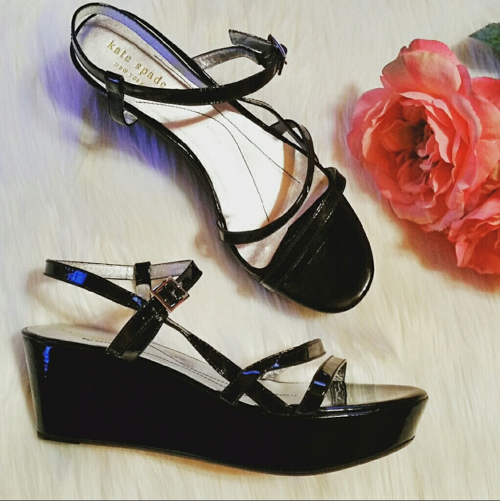 kate spade Black Patent Strappy Wedge Sandals